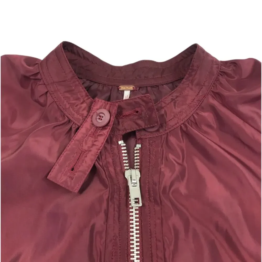 FREE PEOPLE Midnight Bomber Jacket Sz M Burgundy Full Zip City Chic Stylish Boho